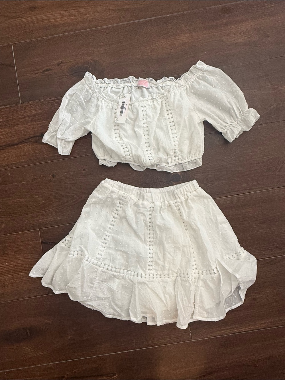 White Boho Eyelet Off-Shoulder Two-Piece Skirt Set
